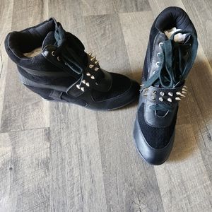 Ladies Black Spike Wedge Sneakers